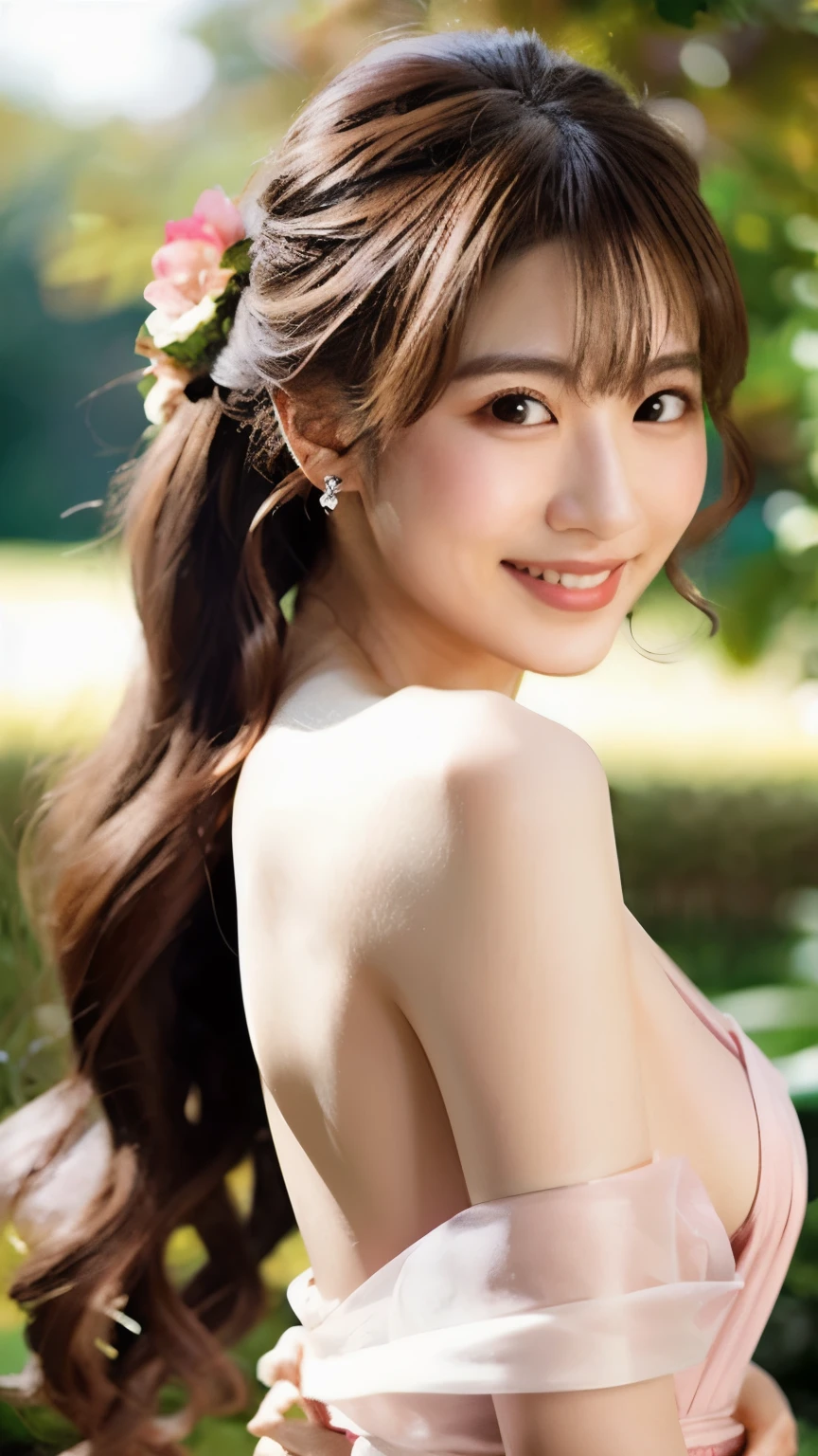 A portrait of Minami Aizawa, a solitary woman standing confidently. One hand is raised to her head, holding her hair, while the other hand rests on her waist, showcasing her natural beauty with a serene smile. She has blush on her slightly pink lips, curly hair styled in two long pigtails adorned with a white flower tie and hair clip, exuding a cheerful expression. Her long, flowing brown hair is complemented by warm brown eyes. The scene tastefully highlights her small breasts and subtle feminine features as she elegantly stands nude, adorned with subtle jewelry and earrings for sophistication. Soft lighting enhances the realistic depiction, focusing on details like her navel and gentle smile, creating an intimate and graceful atmosphere. Her light pink skin is smooth and silky, with a subtle luster, giving her a radiant appearance. The small oval nipples are dark brown in color, slightly raised, and curved at the edges. The small oval vagina is covered in a thin layer of blood, with a small amount dripping down, illuminated by a clear white light, creating a calm and seductive cheerful atmosphere.