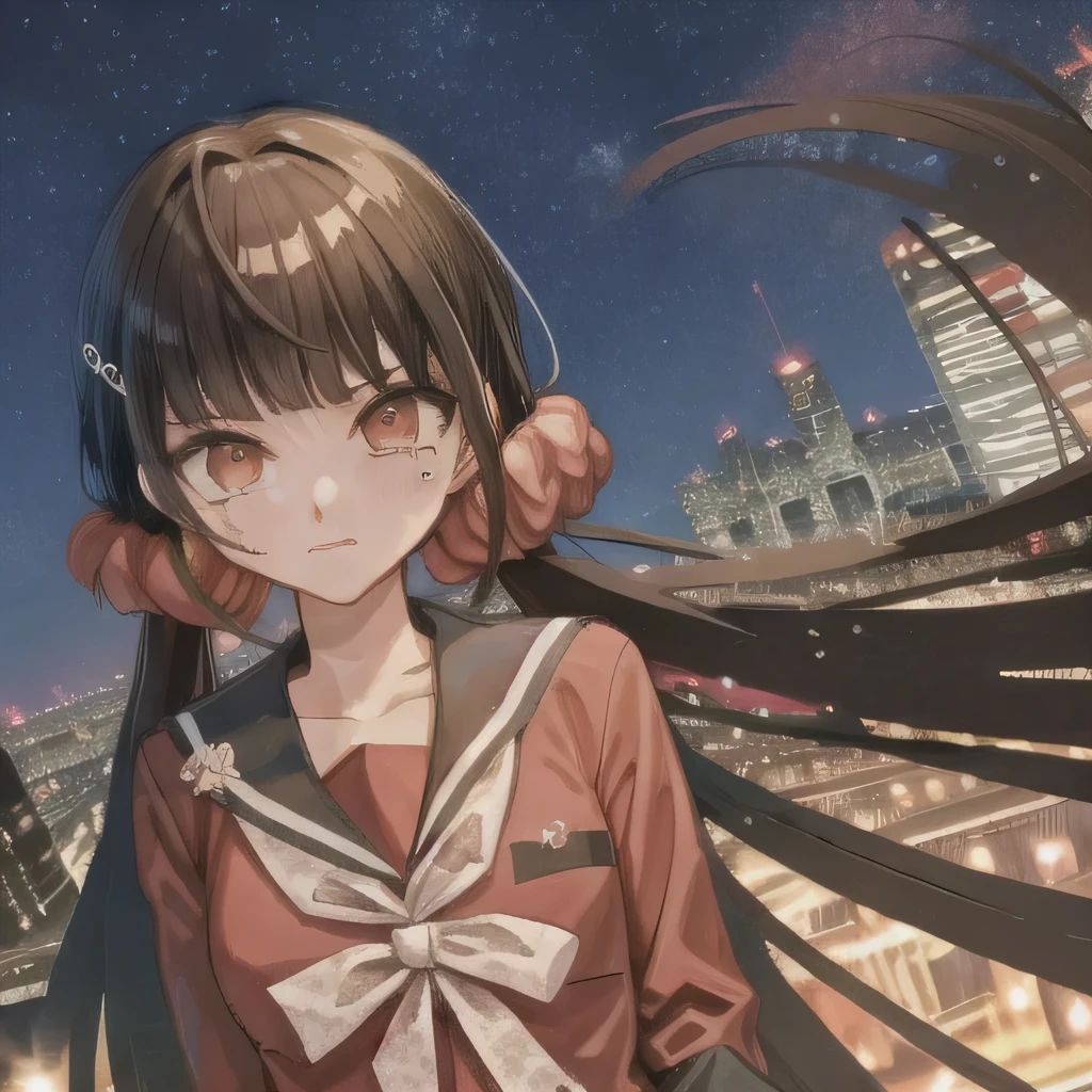 Maki Harukawa, 1girl, crying, red shirt, red scrunchie, solo, bangs, city at night background, night sky, shirt, hair scrunchie, school uniform, collarbone, upper body, blunt bangs, she is crying and looking at the night sky in city at night, serafuku, long sleeves, sailor collar, city at night background, closed mouth, official style, hairclip, eyebrows visible through hair, star print, pleated skirt, jacket, red eyes.  Night city and night sky background! Night city and night sky background! 