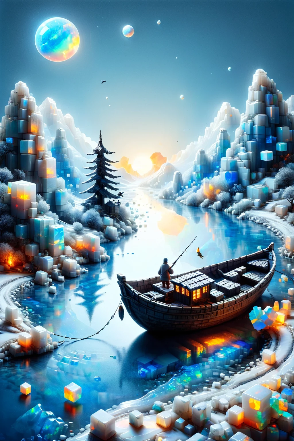 ral-3dcubes,ral-opal,
Chinese ink painting,
Birds in a thousand mountains fly away,and people in ten thousand paths disappear,
A lone boat sasquatch,fishing alone in the cold river snow,