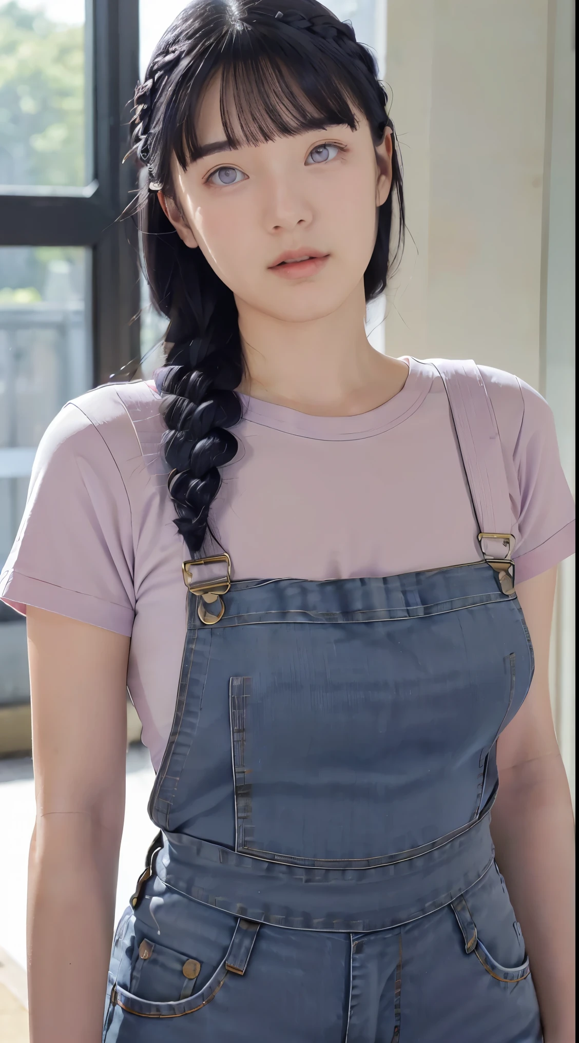 Masterpiece， best quality， Very detailed， illustration，1 girl，
long white hair，dark blue hair，french braid，purple eyes，smooth, blunt，rift，Big Breasted Shirt，（Jeans overalls：1.1），
Medium bust， 
looking at the audience，Hyukja/（Boruto/），detailed lips