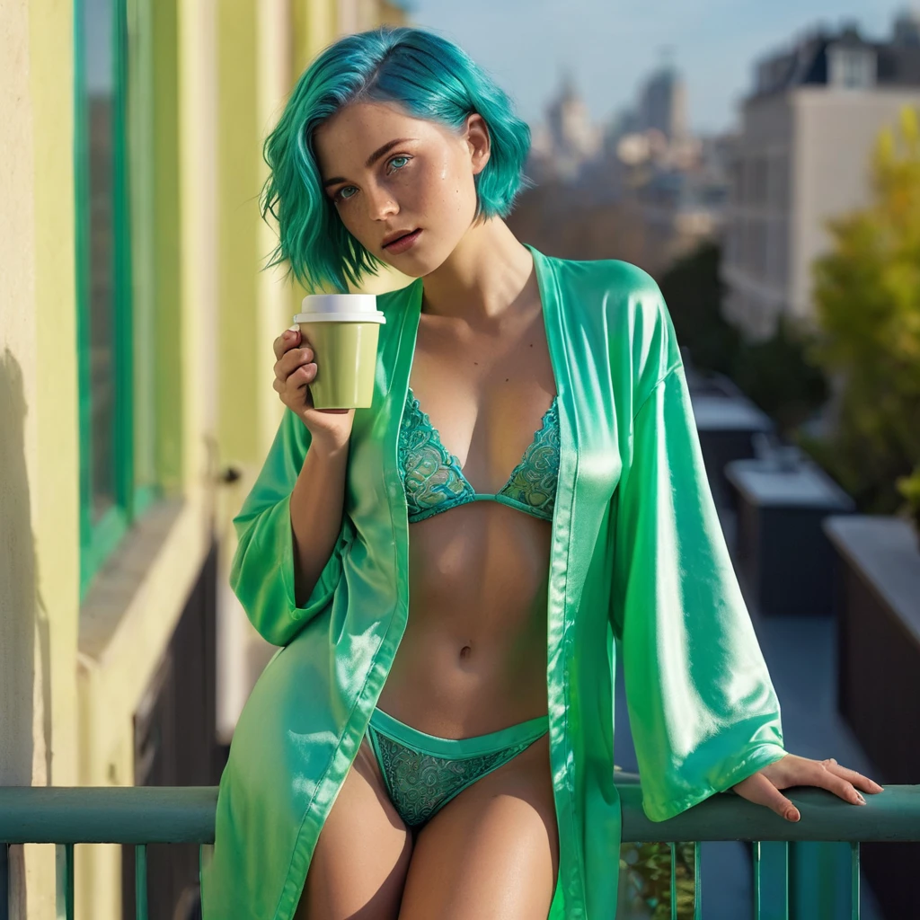 (((Woman, 20 Years Old, Nordic Ethnicity, short blue hair, perfect face, light freckles, Blue-Green Eyes))), ((standing on a balcony, leaning against the railing with one leg bent)), (wearing a silky, (((beige))) thigh-length robe that slightly opens at the front). ((Holding a cup of coffee in one hand, with a serene yet alluring expression)), (((early morning sunlight casting a soft, golden glow on her skin))), (cityscape in the background, serene morning setting). (((Color palette - turquoise, neon green, yellow shades))), (best quality, 8k, masterpiece, ultra-detailed, photorealistic, natural lighting, sharp focus).