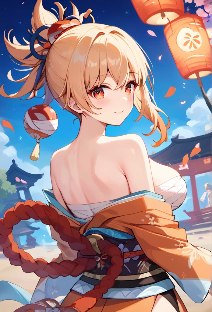 score_9, score_8_up, score_7_up, high quality ,masterpiece ,best quality ,rate_questionable ,  character_yoimiya_Genshin Impact  ,large breast ,golden hair ,Beautiful Skin ,red eyes, in a summer festival ,at night ,((fire works)), wearing a kimono ,Blushing, Closing eyes and smile,Back view, at night口を閉じる, First Person View, 