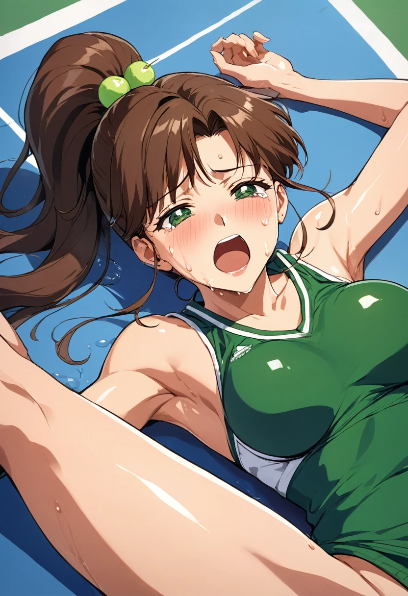 masterpiece, Highest quality, High resolution, (Makoto Kino),1990s \(style\),height: 175cm, Brown long hair,ponytail、 sexyな長い脚, green tennis uniform, Tennis court,evening,(E-cup beautiful breasts)、Sweating all over the body、vapor、Muscular、sexy,Crying face、Open your mouth wide,A facial expression of pleasure、Sexual climax、Sweaty、Configuration from the front、look up,couple,nsfw,sex,vagina,penis,Semen splattered on face、Anime-style painting style,Composition focusing on the upper body、Lying on your back、M-shaped spread legs