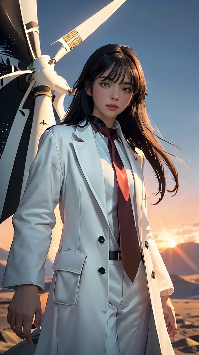 ((Masterpiece, best quality, very detailed), Volumetric light, surrounding occlusion, Rich and colorful, glow), 1 woman, lonely, young girl, (Black bangs), long hair, radius, wind energy, sacred, goddess, CEO vibe, (black coat, White suit with Red necktie:1.3), armor, outdoor, sunset, sky, cloud, space, (Fantasy Theme:1.2),