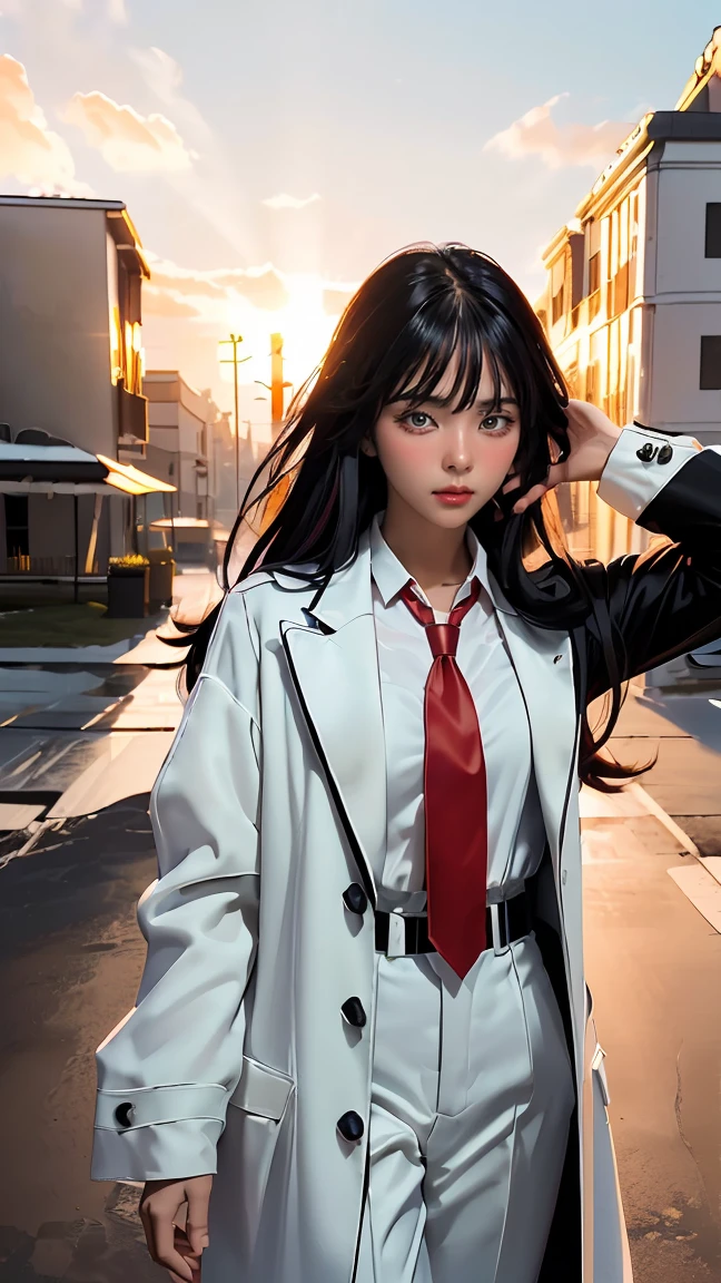 ((Masterpiece, best quality, very detailed), Volumetric light, surrounding occlusion, Rich and colorful, glow), 1 woman, lonely, young girl, (Black bangs), long hair, radius, wind energy, sacred, goddess, CEO vibe, (black coat, White suit with Red necktie:1.3), armor, outdoor, sunset, sky, cloud, space, (Fantasy Theme:1.2),