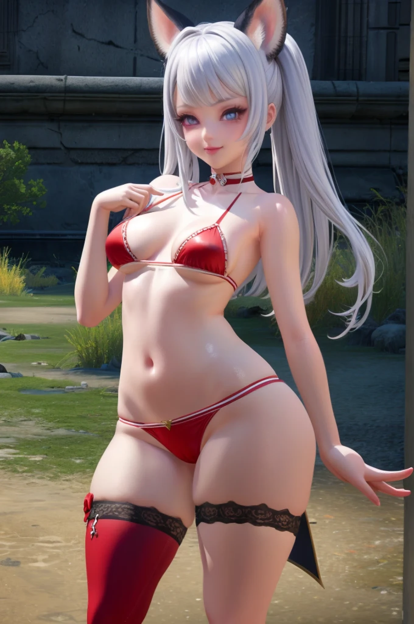 masterpiece, best quality, 8k,photorealism, tera elin, beautiful detailed eyes, ultra detailed, 1girl, hips, thighs, thigh highs, red bikini, evil smile