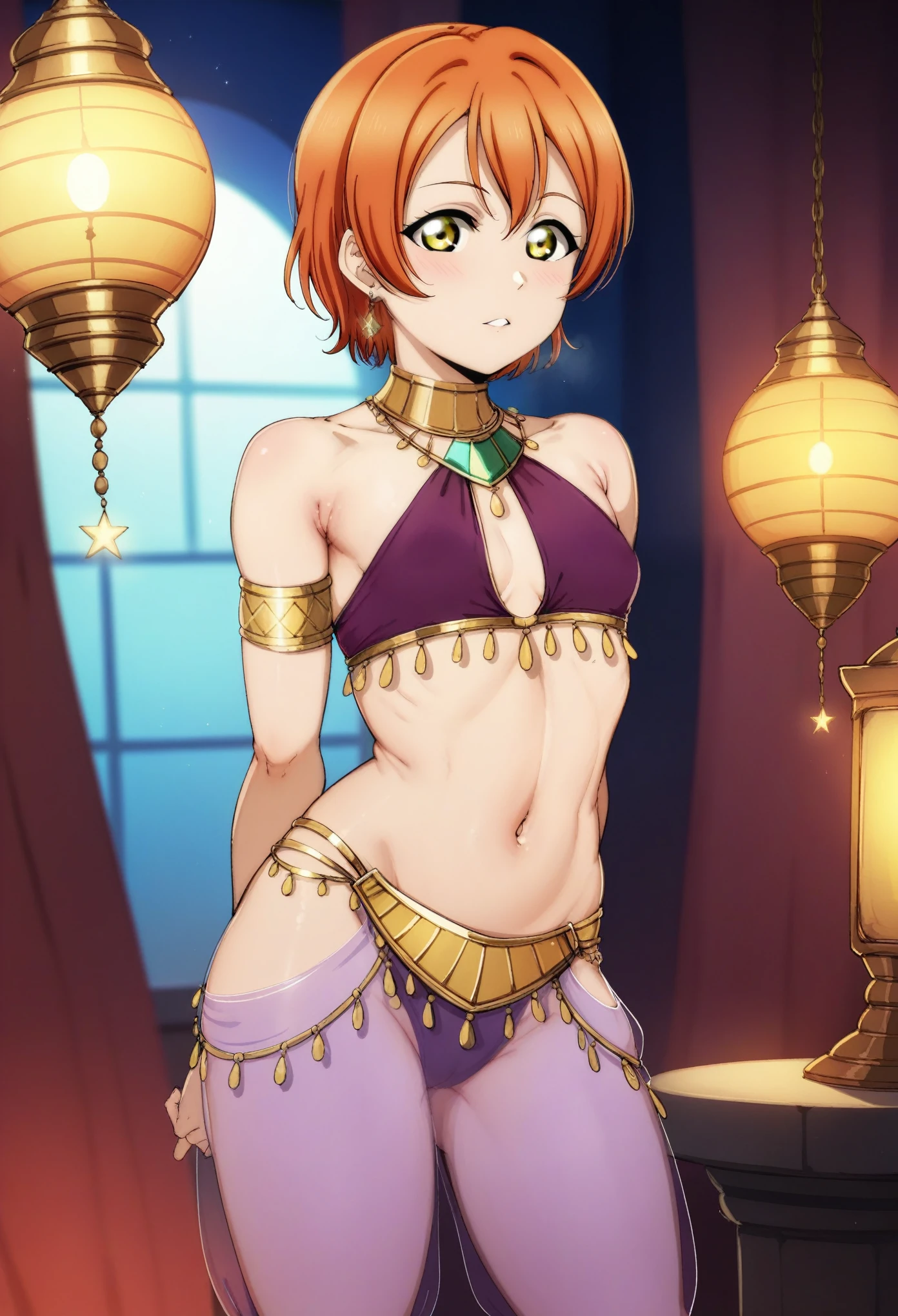 Masterpiece, front view,alp art style, beautiful ,Rin Hoshizora Love Live, short orange hair, yellow eyes , purple see-through harem pants,dancer, Arabian ornaments, jewellery, crop top ,small breasts, room lighted only by lantern , standing, arms behind back