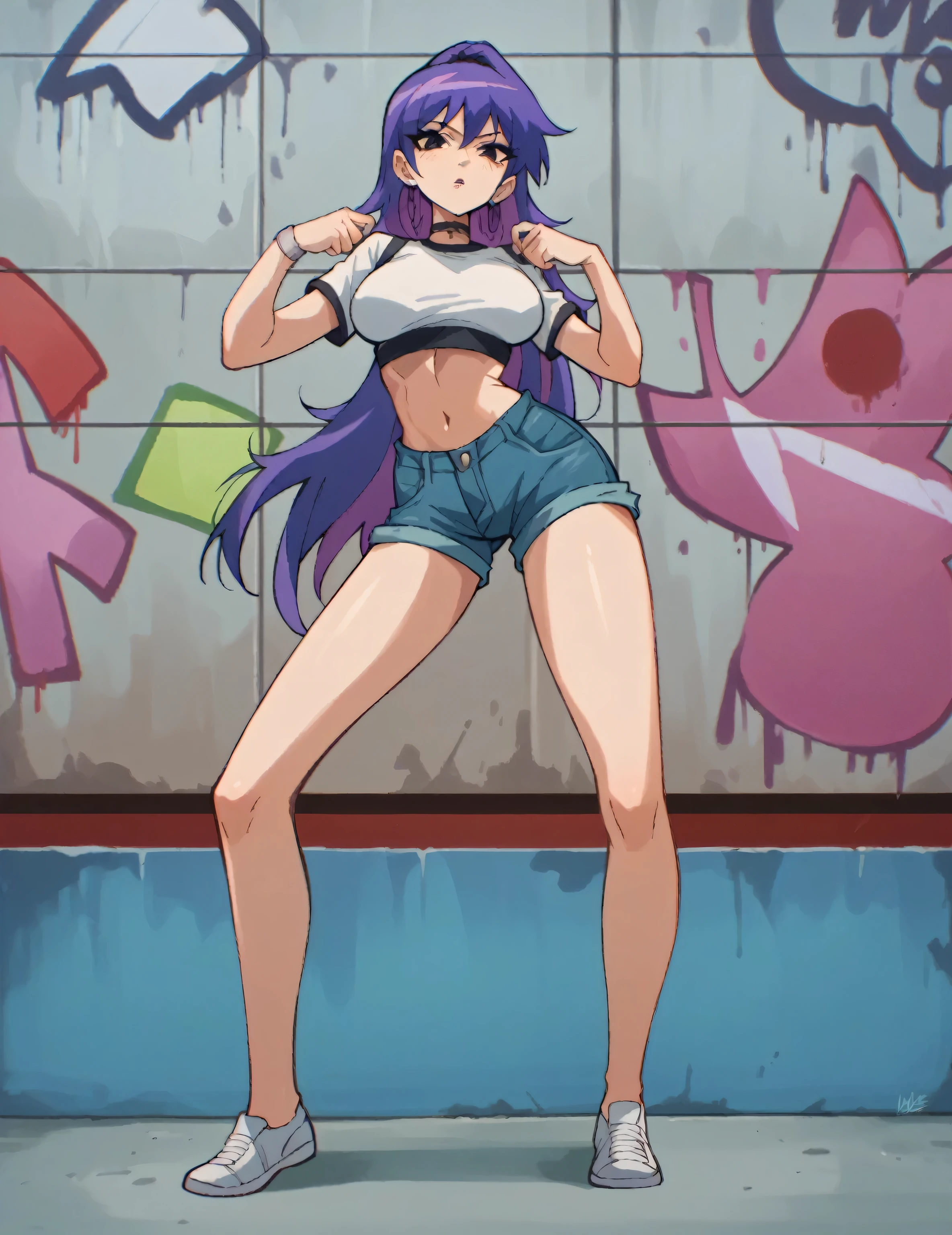 Masterpiece , Excellent quality , high resolution , 1 woman , Long purple Hair , horny , White crop top , Jean Shorts , abdomen , big breasts , Long legs , sneakers ,  Graffiti wall