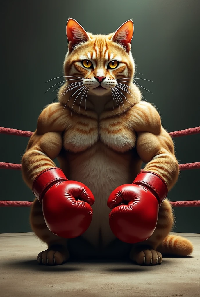 "Generate a hyper-realistic. ultra-detailed 4k/8k image of a muscular red cat wearing red boxing gear, standing proudly on a boxing stage with its mini red. The crowd cheers enthusiastically in the background.