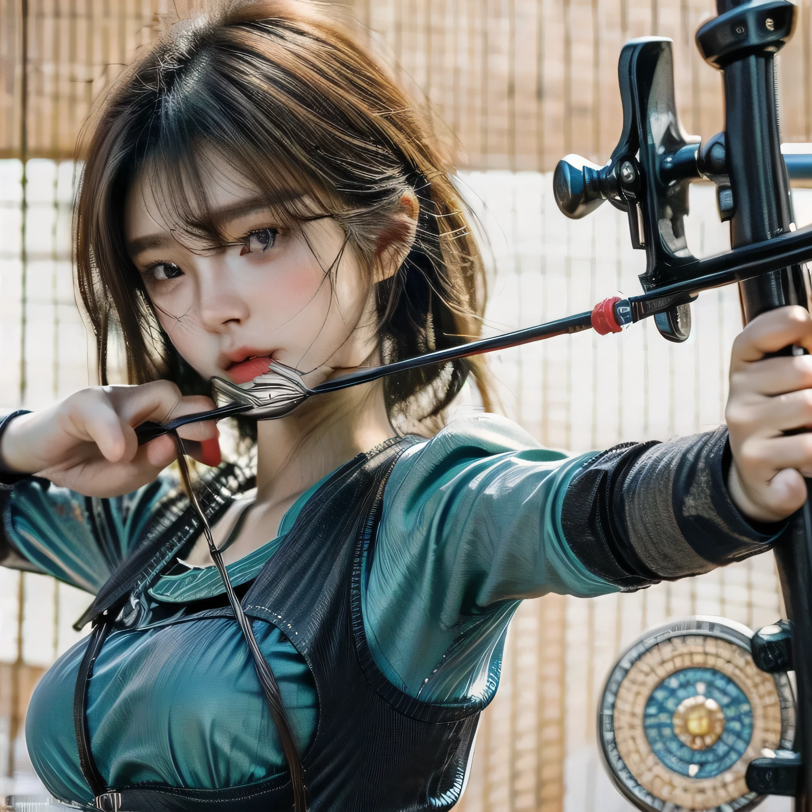 high quality,HD,16k,sharp lines,1 girl,Female archery athlete ,cute face, large breasts, nice legs,At the archery venue,focus girl,detailed beautiful face,detailed clothes,beautiful eyes,cool,dynamic angle