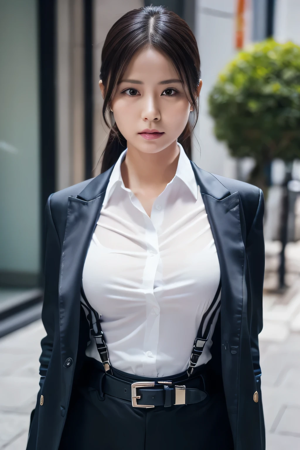 a woman in a suit, belt, hands behind back, sweating, suspenders, black pants, sexly, large breasts, see-through clothing, rain, detective, office worker, white button-up shirt, (best quality,4K,8k,highres,masterpiece:1.2),ultra-detailed,(realistic,photorealistic,photo-realistic:1.37),hyper-detailed,highly detailed face and body, Slender　thin　suspenders　Moderate breasts　See-through shirt　Nipples　holster　chain　Pistol　Armament　criminal　Female criminal　knife　japanese　profile　Japanese women　arrested handcuff　belt
