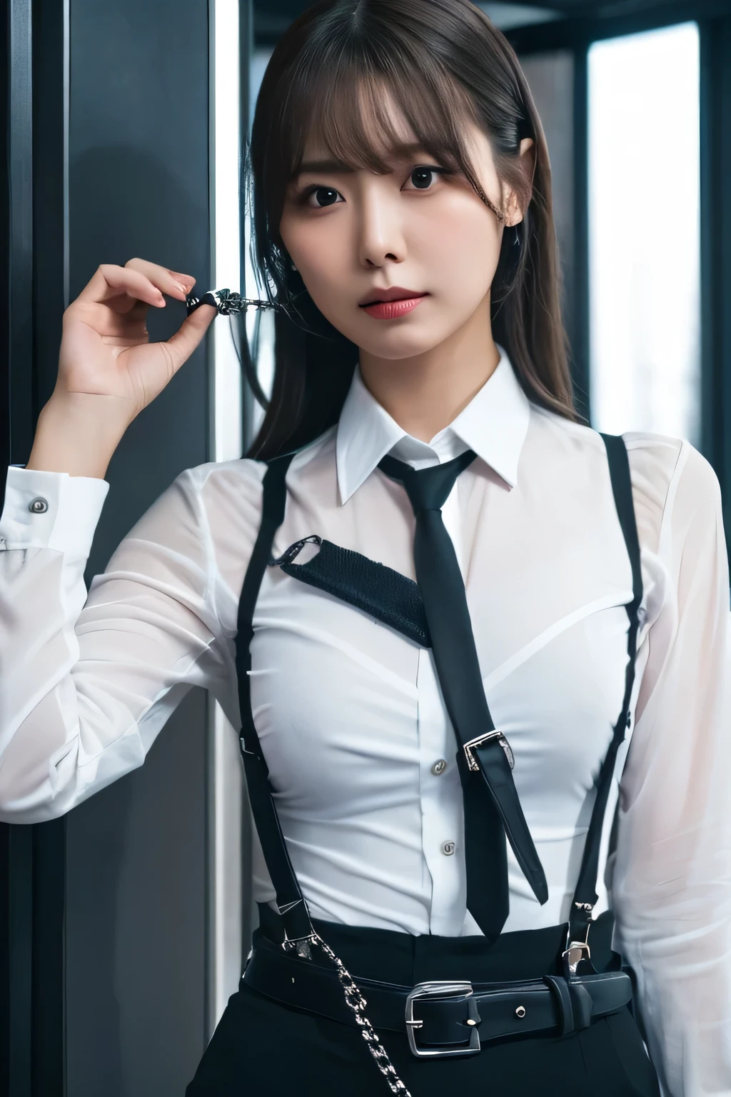 a woman in a suit, belt, hands behind back, sweating, suspenders, black pants, sexly, large breasts, see-through clothing, rain, detective, office worker, white button-up shirt, (best quality,4K,8k,highres,masterpiece:1.2),ultra-detailed,(realistic,photorealistic,photo-realistic:1.37),hyper-detailed,highly detailed face and body, Slender　thin　suspenders　Moderate breasts　See-through shirt　Nipples　holster　chain　Pistol　Armament　criminal　Female criminal　knife　japanese　profile　Japanese women　arrested handcuff　belt
