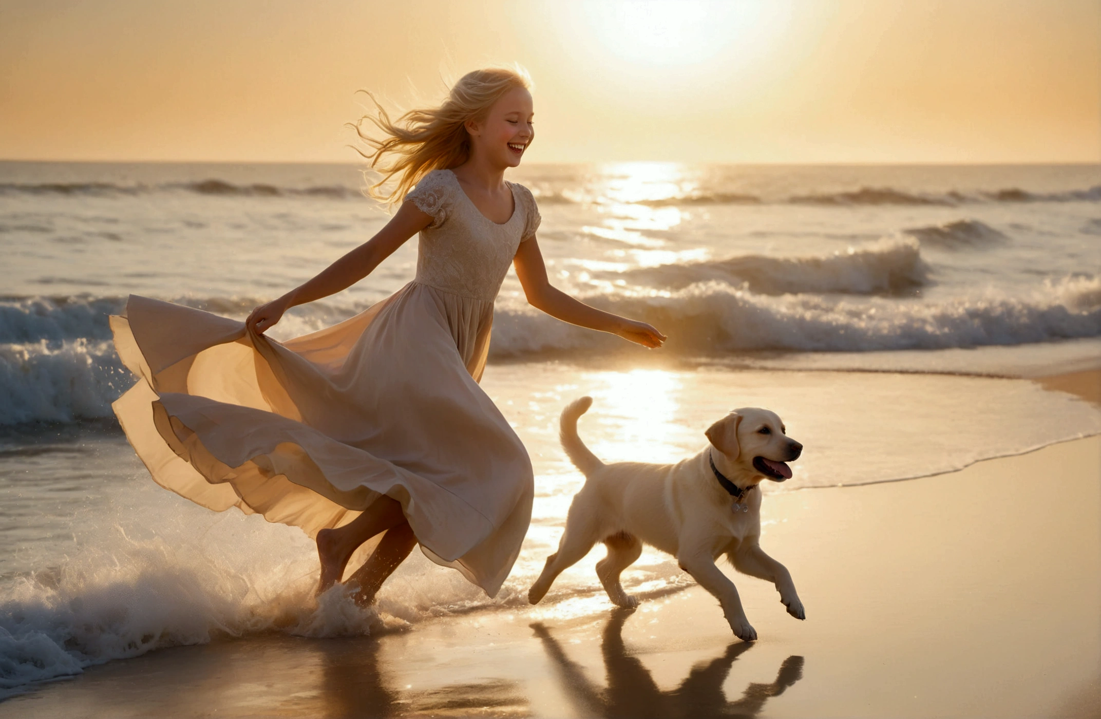 On a sunny beach with soft, golden sand and gentle waves in the background, a joyful young girl 22 yo with long, flowing blonde hair dances playfully with a lively Labrador puppy. The girl is wearing a light, flowing dress that moves with the breeze, and her laughter is contagious as she spins around. The Labrador puppy, full of energy and excitement, jumps and twirls alongside her, its tail wagging enthusiastically. The sunlight reflects off the water, casting a warm glow over the scene, creating a moment filled with pure happiness and carefree fun."