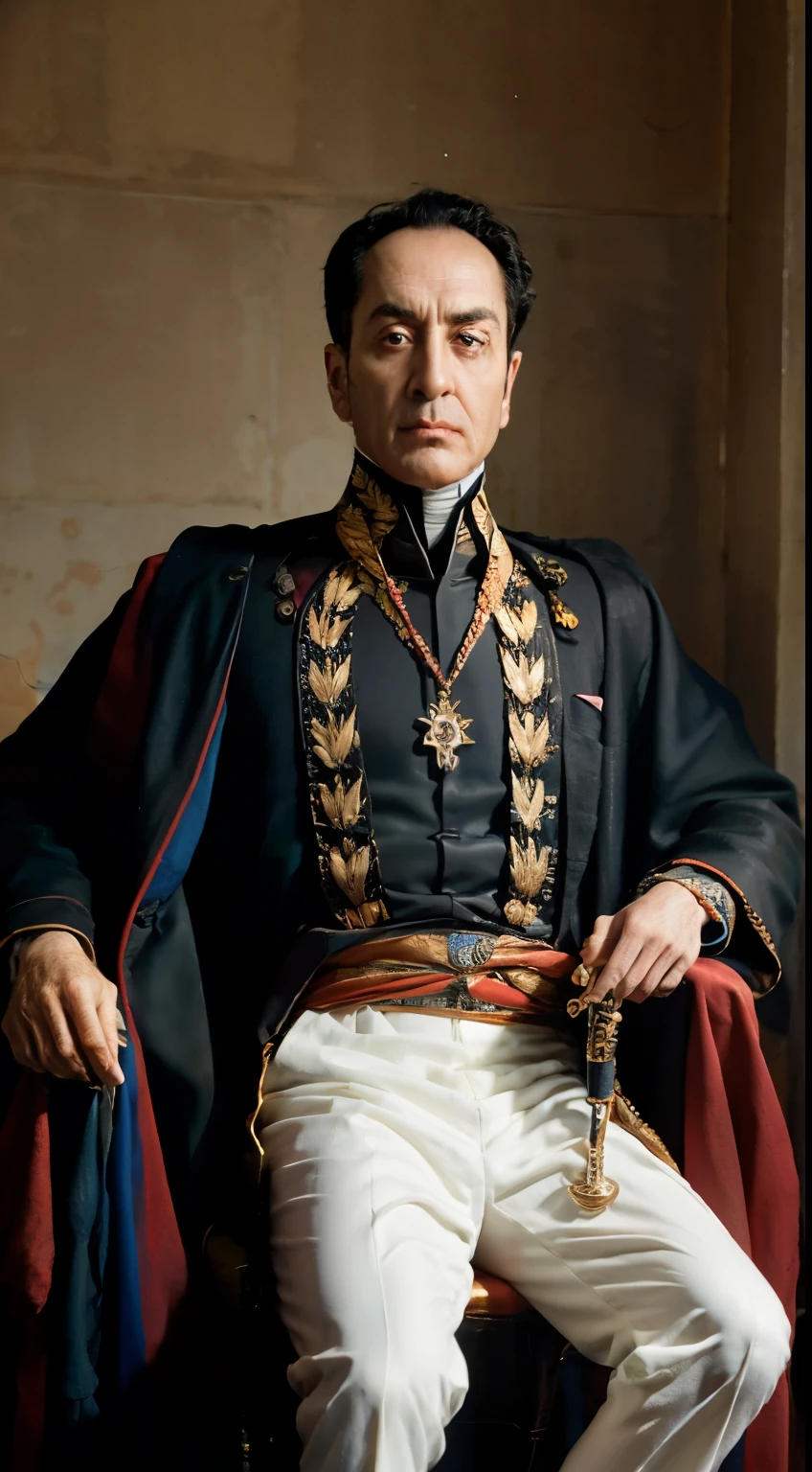 ultra resolution, ultra high definition, Total quality, RAW photo by Simon Bolivar, black fur, portrait, medal, military custom, sword, Antique ornamental seat in the back, 8k, ((masterpiece)) frown teach