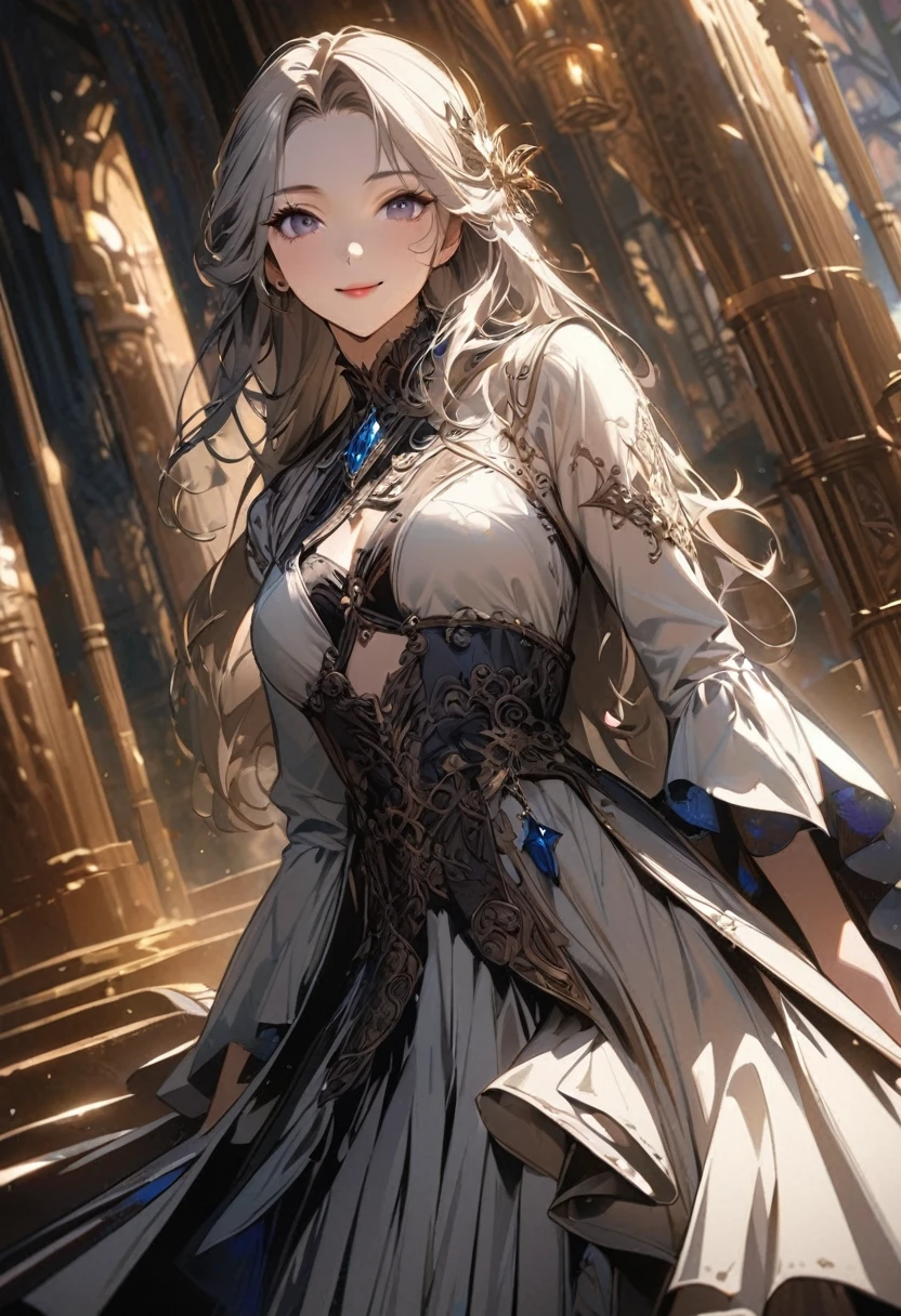 Anime Style、Portraiture、A beautiful 1 woman、Smile、 medieval fantasy inspiration, Elegant dress with a luxurious frock coat and a long grey striped skirt、Perform at a concert。 最high quality, 最high qualityの, high quality, Beautiful details, Intricate details, Incredible detail, Very detailed, intricate fine detail, Surreal, realistic paint, high qualityのテクスチャ, Colorful, Dark colors, Delicate and detailed brushwork, A very fine touch, super illustration, A true masterpiece, A masterpiece with attention to detail, super illustration of masterpiece, High Contrast, Tonal contrast, Movie stills, Movie angle, Cinema Lighting, Details behind the stunning locations, gem、shine、like、dream、beauty、Notes on the Wind、