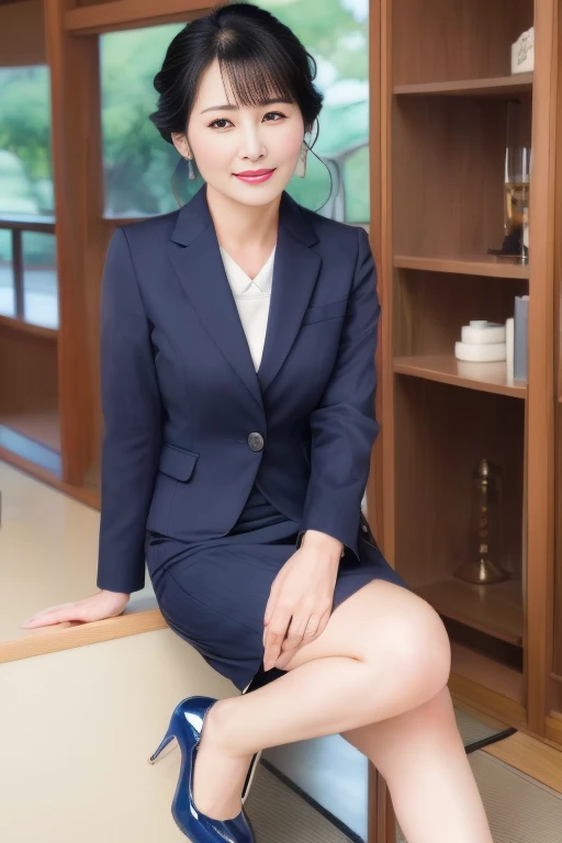 Masterpiece, best quality, photo quality, 4K high resolution, beautiful Japanese mature woman, sexy mature woman, detailed eyes, facial expressions, perfect lighting, wearing a navy blue business suit, wearing a navy blue cotton tight skirt, (wearing high heels: 1.1), smiling, round face, updo, bangs, droopy eyes, gentle eyes,