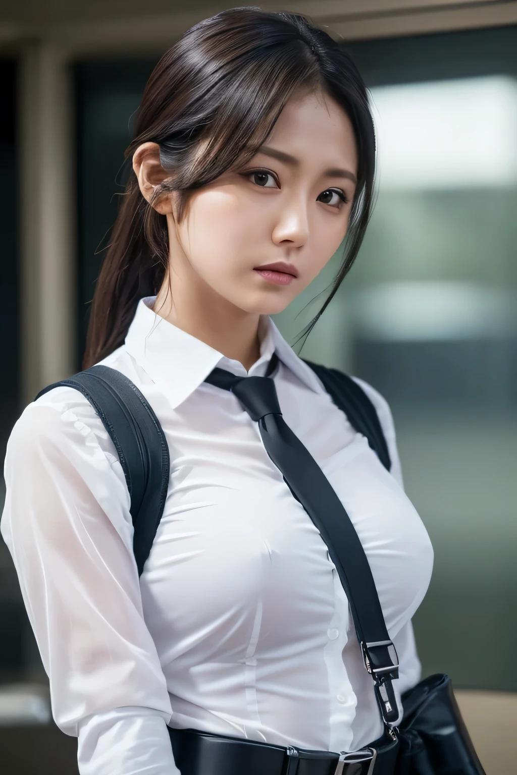 a woman in a suit, belt, hands behind back, sweating, suspenders, black pants, sexly, large breasts, see-through clothing, rain, detective, office worker, white button-up shirt, (best quality,4K,8k,highres,masterpiece:1.2),ultra-detailed,(realistic,photorealistic,photo-realistic:1.37),hyper-detailed,highly detailed face and body, Slender　thin　suspenders　Moderate breasts　See-through shirt　Nipples　holster　chain　Pistol　Armament　criminal　Female criminal　knife　japanese　profile　Japanese women　arrested handcuff　belt
