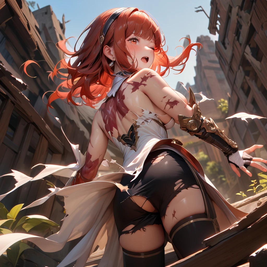 (best quality, masterpiece), very aesthetic, absurdres, high res, detailed face, (realistic:0.8), Ray Tracing, 1girl, defCeli, red hair, tareme, red eyes, hairband, [earrings], cape, detached collar, white dress, [black pencil skirt], medium breasts, cleavage, sideboob, bare shoulders, arm guards, [fingerless gloves], black thighhighs, [white boots], white panties, (wounded skin, bleeding skin, scar skin), (Exploding Clothes, torn clothes, cloth pieces:1.2), BREAK NSFW, (ass focus), (from behind, looking back:1.2), (kneeling), hand on butt, (head tilt:0), (one eye Closed, wink), open mouth, tears, sigh, blush, sweat splash, wind lift, (outdoors, ruins), cinematic lighting, diffraction spikes, (form side:1.1), (from above:0), (from below:1.25), (Panty shot:1.1), (dutch angle:0.8), three quarter view,