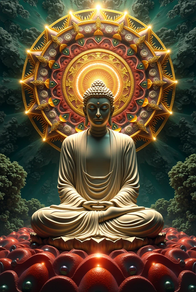 Create an image of a Buddha statue representing the Tathagata (Suchness) or Buddha of Great Enlightenment. The statue should be depicted in a grand and majestic setting that conveys a sense of supreme divinity and transcendence. The background should include celestial elements, such as radiant light, ethereal clouds, and intricate, sacred architecture that reflects a divine realm. The overall atmosphere should evoke a sense of spiritual elevation and liberation, symbolizing the Buddha’s role in guiding beings towards ultimate transcendence and liberation from worldly attachments.




