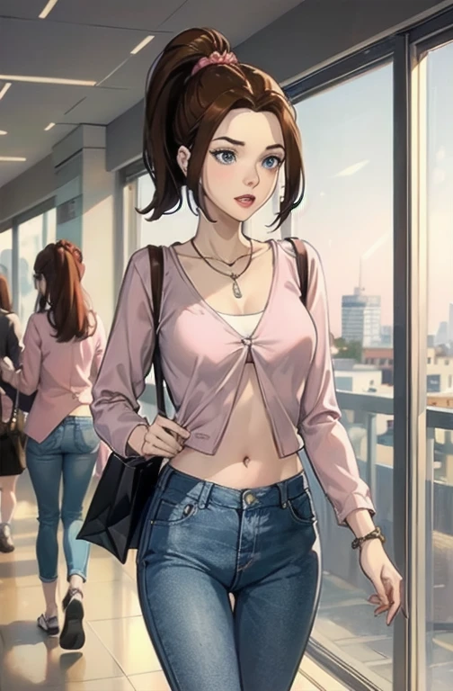 KittyPryde_Dress_ownwaifu, 1girl, brown hair, ponytail, necklace, jewelry, blue eyes,  lipstick,long sleeves, lips, long hair, medium breasts, blush, hair bun, scrunchie, makeup, red lips, hair ornament, jeans, denim,  shirt, blue pants, ((midriff)), (bare midriff), navel, capri pants, pink jacket, cardigan, indoors, shopping mall, walking,  absurdres, ultra detailed, masterpiece, best quality, aesthetic, detailed,