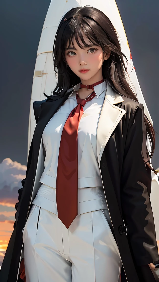 ((Masterpiece, best quality, very detailed), Volumetric light, surrounding occlusion, Rich and colorful, glow), 1 woman, lonely, young girl, (Black bangs), long hair, radius, wind energy, sacred, goddess, CEO vibe, (black coat, White suit with Red necktie:1.3), armor, outdoor, sunset, sky, cloud, space, (Fantasy Theme:1.2),