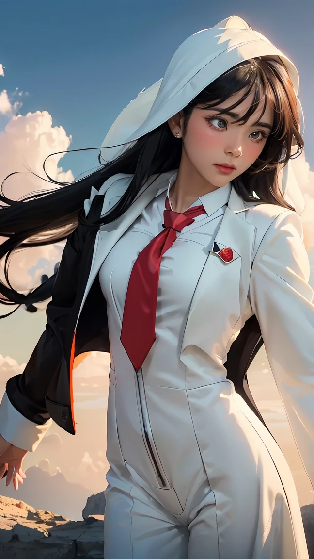 ((Masterpiece, best quality, very detailed), Volumetric light, surrounding occlusion, Rich and colorful, glow), 1 woman, lonely, young girl, (Black bangs), long hair, radius, wind energy, sacred, goddess, CEO vibe, (black coat, White suit with Red necktie:1.3), armor, outdoor, sunset, sky, cloud, space, (Fantasy Theme:1.2),