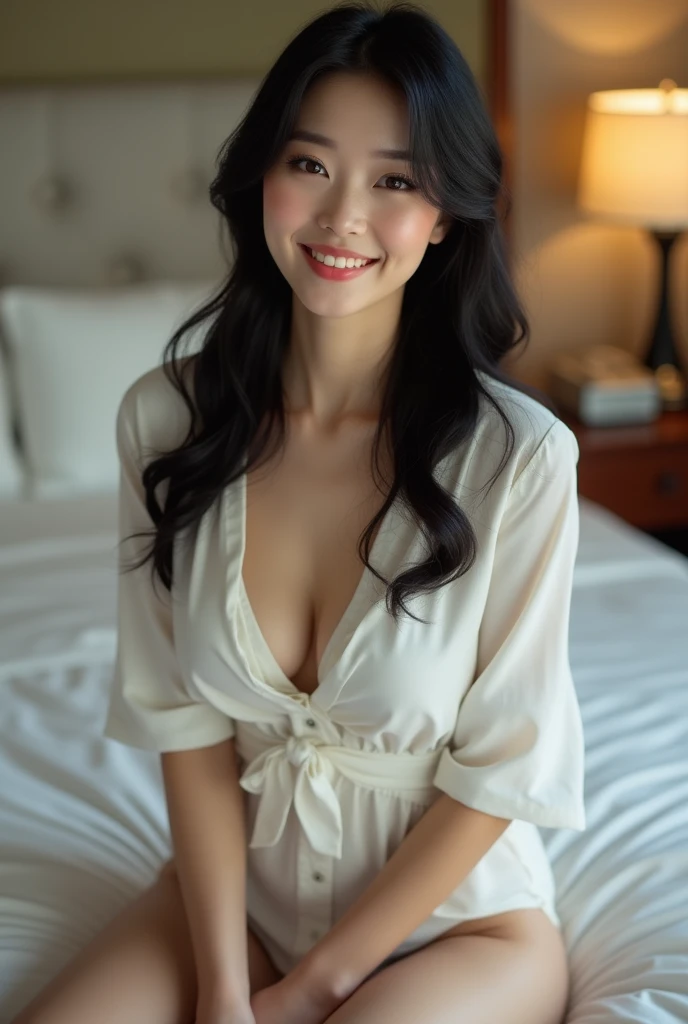 ((Highest quality, 8K, masterpiece: 1.3)), 1 Female, The beauty of slim abs: 1.3, (Hairstyle Casual, Big ample breasts: 1.2), Wet Skin, Ultra-fine face, Detailed eyes, double eyelid, smile, Formal shirt, Exposing cleavage, gigantic breasts: 1.3, cleavage: 1.3, Armpits,Leaning,forward, Black Hair,Tight bare legs, Full body description,White skin,mini skirt: 1.3,Girl with perfect body，Long Hair，Inside the room