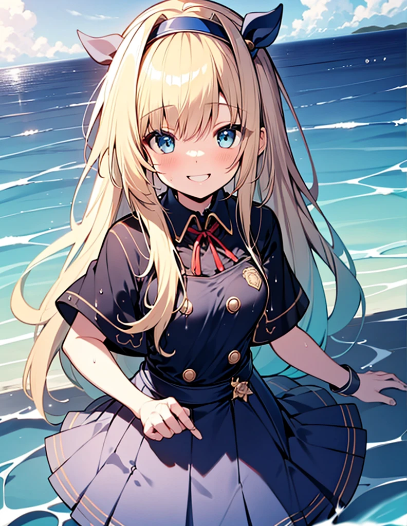 (8k, Highest quality, masterpiece: 1.2), Ultra-high resolution, 1 person, cute, Small breasts, solo, Highly detailed face, School Uniform, White blouse, Waiter Skirt, Medium, Blonde, Blue Eyes, Ocean, Wavy, splash, Childlike, The best smile, soaked, 