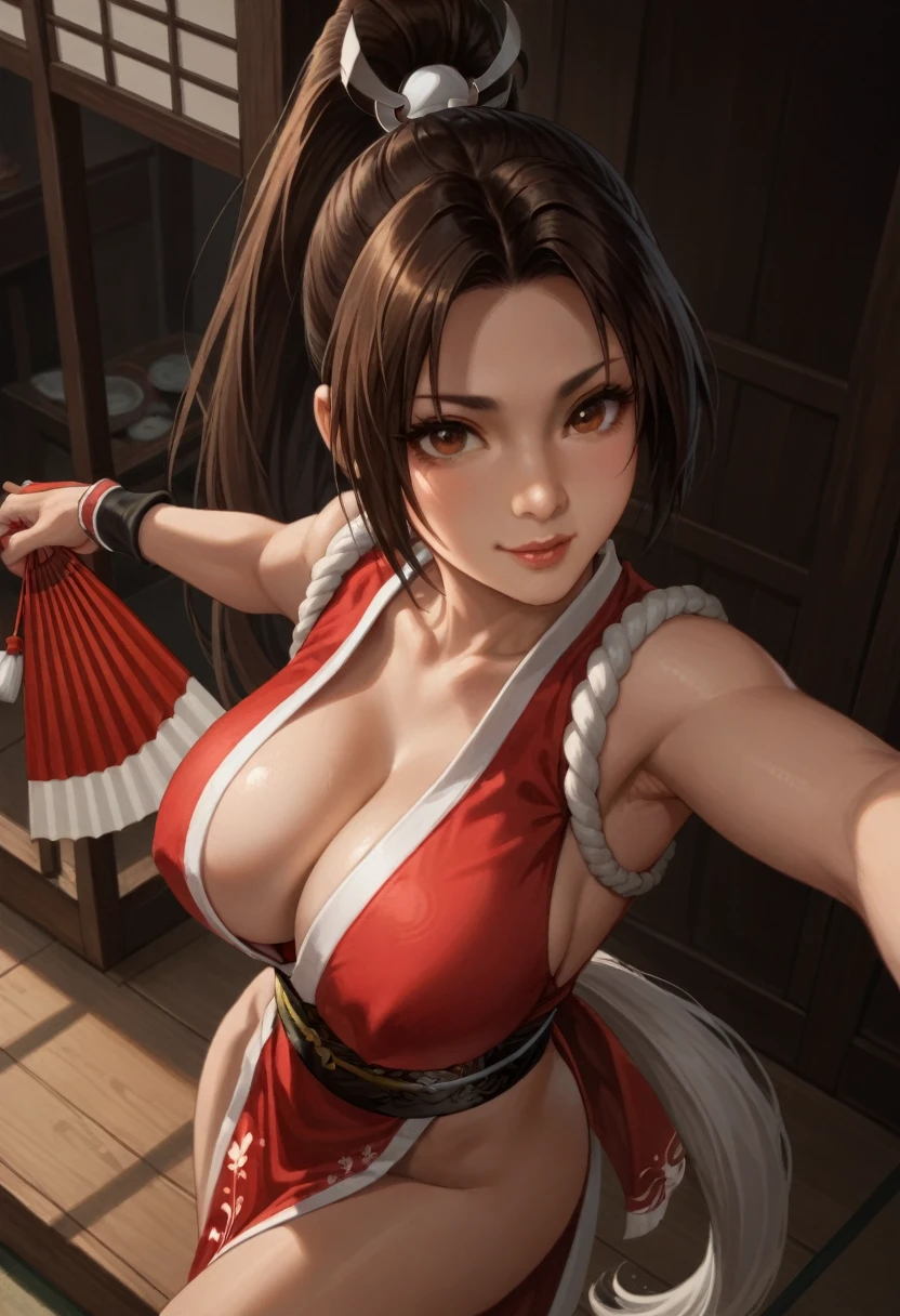 Mai Shiranui, seductive look, winking, big breasts, red clothes, lifts her dress a little,  in a combat tournament, from above