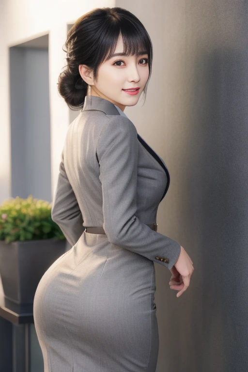 Masterpiece, best quality, photo quality, 4K high resolution, beautiful Japanese mature woman, sexy mature woman, detailed eyes, detailed facial expression, perfect lighting, wearing a gray business suit, wearing a gray cotton tight skirt, beautiful thighs with skin color, back view, pose that emphasizes the buttocks, wearing high heels, smiling, round face, updo, bangs, droopy eyes, kind eyes,