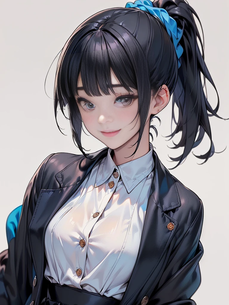 Masterpiece,best quality,独奏,1 beautiful Japanese girl,1,(sparkling black eyes,big eye),(pale skin),(black hair,blunt bangs,(short ponytail:1.2),(high ponytail:1.2),hair length to shoulder,voluminous hair,hair held up with a blue scrunchie:1.5),(big breasts:1.2),(smile:1.2),(In woolen suit, formal suit, black tailored jacket,(Tailored jacket, first button closed:1.2),white blouse,semi-long black tight skirt:1.5),standing,(Plain background:1.3),(Close-up of a smiling face,face focus:1.7)