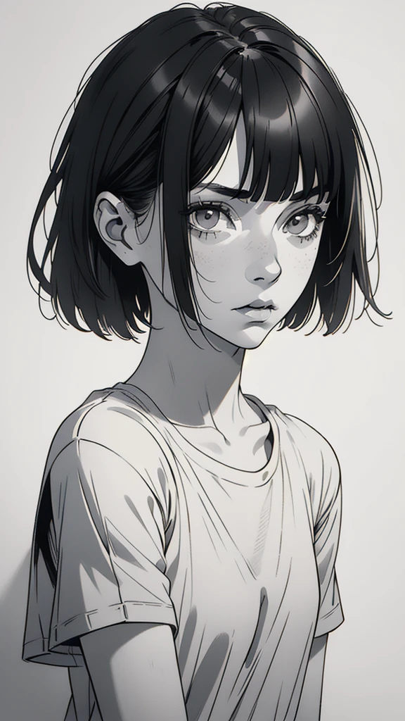 1 boyish girl, solo, sharp eyes, (monochrome), (greyscale), shoulder length black bangs hair, portrait, (blank normal white T-shirt), Thin eyebrows, closed mouth, looking at viewer, detailed lips, hatching \(texture\), without makeup, upper body, (best illustration), (best quality), (very detailed), (masterpiece), expressionless,