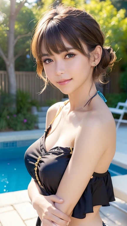 beautiful high school girl, colourful bikini, Plump breast, Lookingat the viewer, Blushed face, close up, (Japanese idle:1.6), sunset, pool side, Bokeh, Break, Beautiful orange sky and clouds,