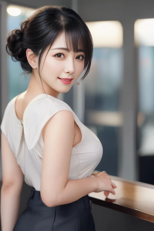 Masterpiece, best quality, photo quality, 4K high resolution, beautiful Japanese mature woman, sexy mature woman, detailed eyes, detailed facial expression, perfect lighting, wearing a navy blue business suit, wearing a navy blue cotton tight skirt, beautiful thighs with skin tone, back view, pose that emphasizes the buttocks, wearing high heels, smiling, round face, updo, bangs, droopy eyes, gentle eyes,