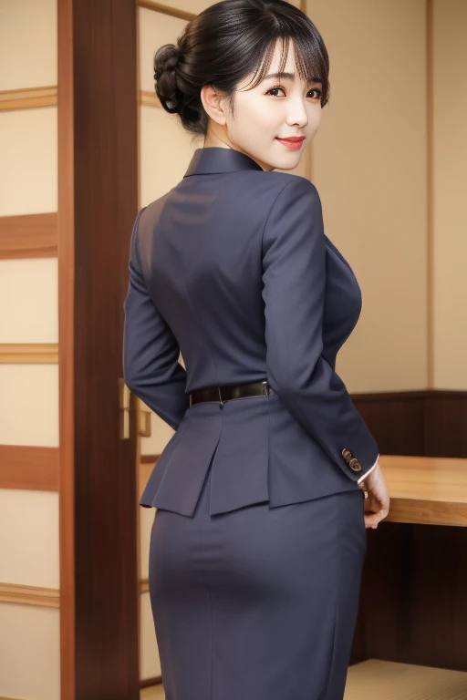 Masterpiece, best quality, photo quality, 4K high resolution, beautiful Japanese mature woman, sexy mature woman, detailed eyes, detailed facial expression, perfect lighting, wearing a navy blue business suit, wearing a navy blue cotton tight skirt, beautiful thighs with skin tone, back view, pose that emphasizes the buttocks, wearing high heels, smiling, round face, updo, bangs, droopy eyes, gentle eyes,