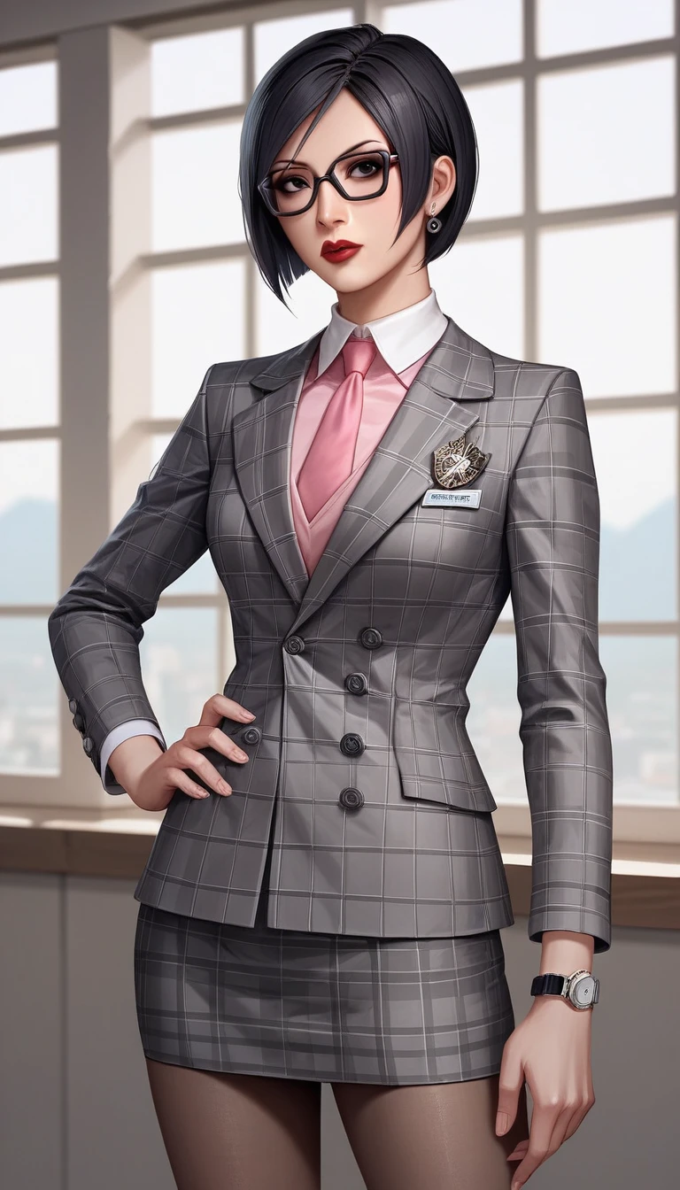 score_9, score_8_up, score_7_up, score_6_up, source_anime, double-breasted suits, 1girl, solo, asian woman, ada wong, black hair, short hair glasses, formal, jewelry, grey plaid suit, pink silk necktie, earrings, jacket, shirt, standing, hand on hip, window, black eyes, watch, grey plaid jacket, wristwatch, light pink shirt with white collar, red lips, grey plaid skirt, makeup, pantyhose, cufflinks, black lapel trim