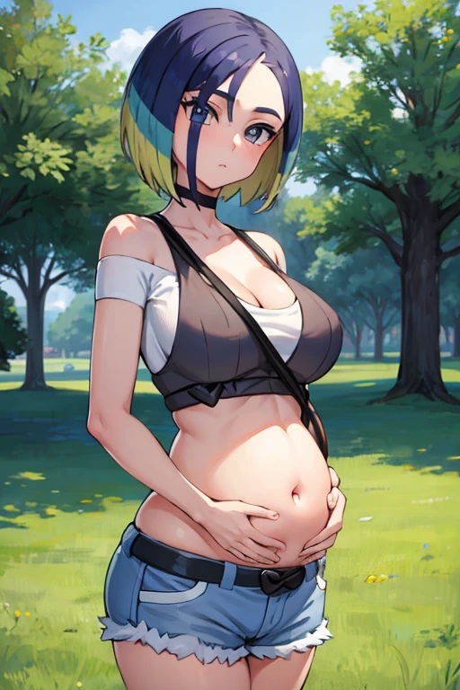 ((1girl)), perfect face, young adult pregnant woman, realistic photo, beautiful face, perfect face, masterpiece, ((perrin pokemon)), blue eyes, blue hair, bob cut, multicoloured hair, (background: blue sky), (cowboy shot), slim waist, cleavage, low shorts, croptop, gigantic breasts, third trimester of pregnancy, white off shoulder, looking at viewer