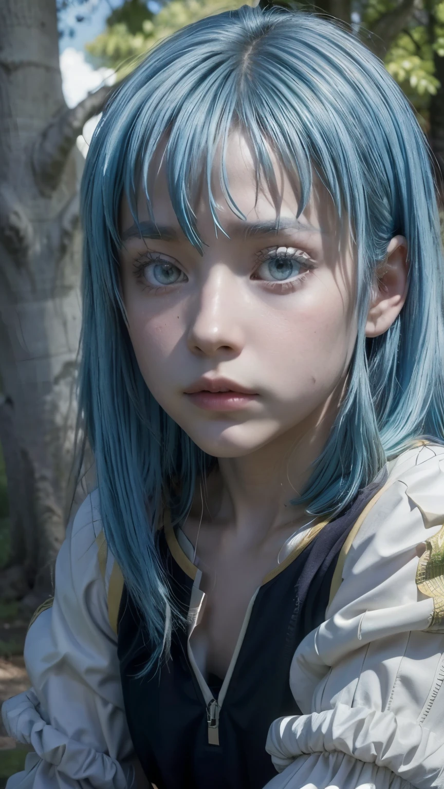 a young adolescent sitting under a tree, long blue hair, beautiful detailed eyes, beautiful detailed lips, extremely detailed face, long eyelashes, serene expression, relaxed pose, lush green foliage, dappled sunlight, intricate tree bark texture, (best quality,4k,8k,highres,masterpiece:1.2),ultra-detailed,(realistic,photorealistic,photo-realistic:1.37), portrait, landscape, vibrant colors, warm lighting