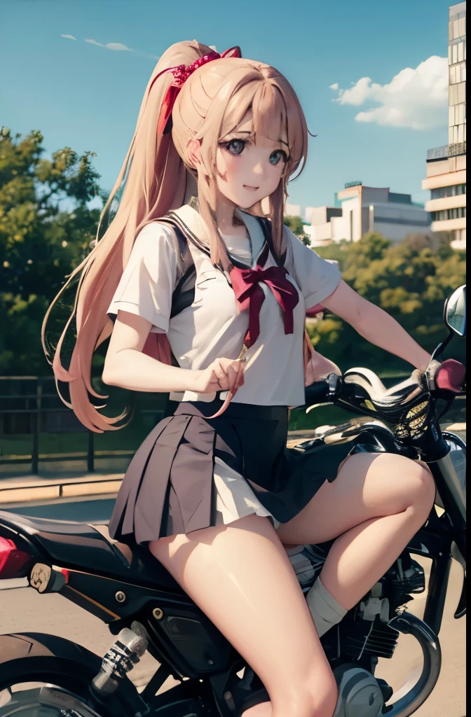 Japanese schoolgirl riding a bike,mini skirt、White panties、Leg spread、White pantiesーを見せる,Spread your legs,ponytail、Beautiful thighs、Her knees are up、I see your white pants.、Beautiful panties、beautiful girl、Beauty、Beauty、Con Hentai、Beautiful panties、Beautiful thighs、beautiful girl、Beauty、Happy!!!, , motorcycle,[ Photo Real ]!!, High resolution,