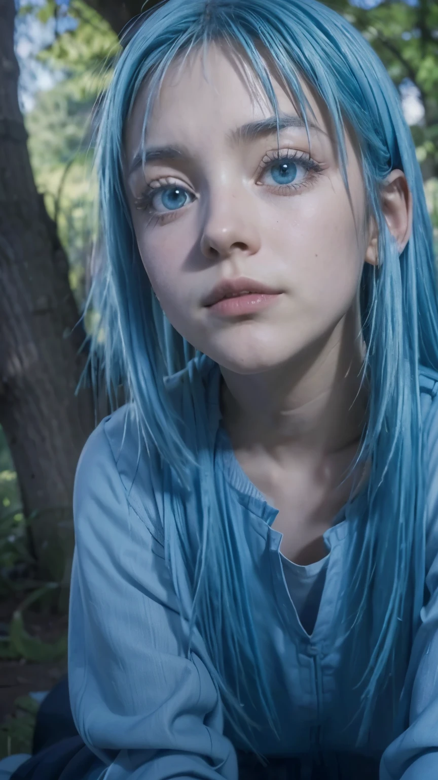 a young adolescent sitting under a tree, long blue hair, beautiful detailed eyes, beautiful detailed lips, extremely detailed face, long eyelashes, serene expression, relaxed pose, lush green foliage, dappled sunlight, intricate tree bark texture, (best quality,4k,8k,highres,masterpiece:1.2),ultra-detailed,(realistic,photorealistic,photo-realistic:1.37), portrait, landscape, vibrant colors, warm lighting