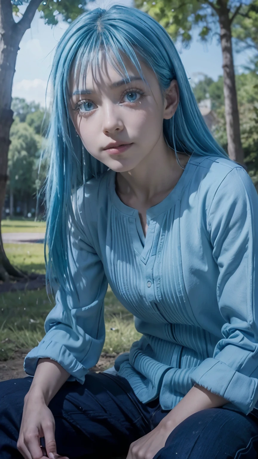 a young adolescent sitting under a tree, long blue hair, beautiful detailed eyes, beautiful detailed lips, extremely detailed face, long eyelashes, serene expression, relaxed pose, lush green foliage, dappled sunlight, intricate tree bark texture, (best quality,4k,8k,highres,masterpiece:1.2),ultra-detailed,(realistic,photorealistic,photo-realistic:1.37), portrait, landscape, vibrant colors, warm lighting