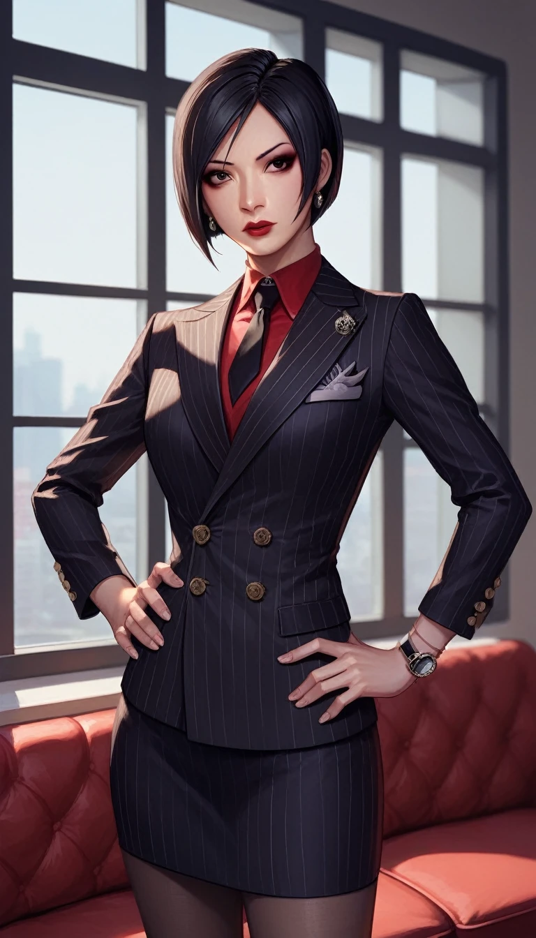 score_9, score_8_up, score_7_up, score_6_up, source_anime, double-breasted suits, 1girl, solo, asian woman, ada wong, black hair, short hair, formal, jewelry, black pinstripe suit, red silk necktie, earrings, jacket, shirt, standing, hand on hip, window, black eyes, watch, black pinstripe jacket, wristwatch, red shirt, red lips, black pinstripe skirt, makeup, pantyhose, cufflinks, black lapel trim