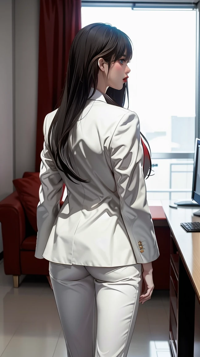 masterpiece, high quality, depth of field, dramatic light, best shadow, best illumination, (backlighting), 8k, beautiful lighting, best quality, highres, female focus, Jiyoung Yoo, 1girl, solo, black hair, long hair, white office suit, red jacket,   