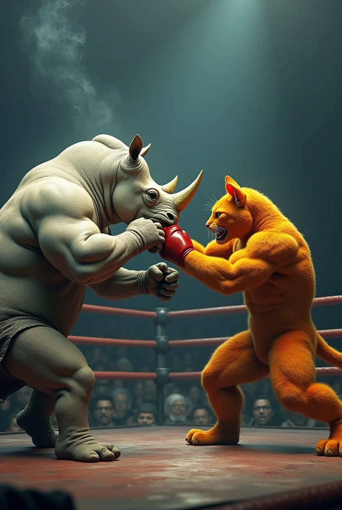 Give me a short prompt for an image of an angry muscular red cat wearing red boxing suits pouching to stomach of a muscular purple cow wearing blue boxing suits. The cow's stomach shows red energy lightning woundson the boxing stage,
