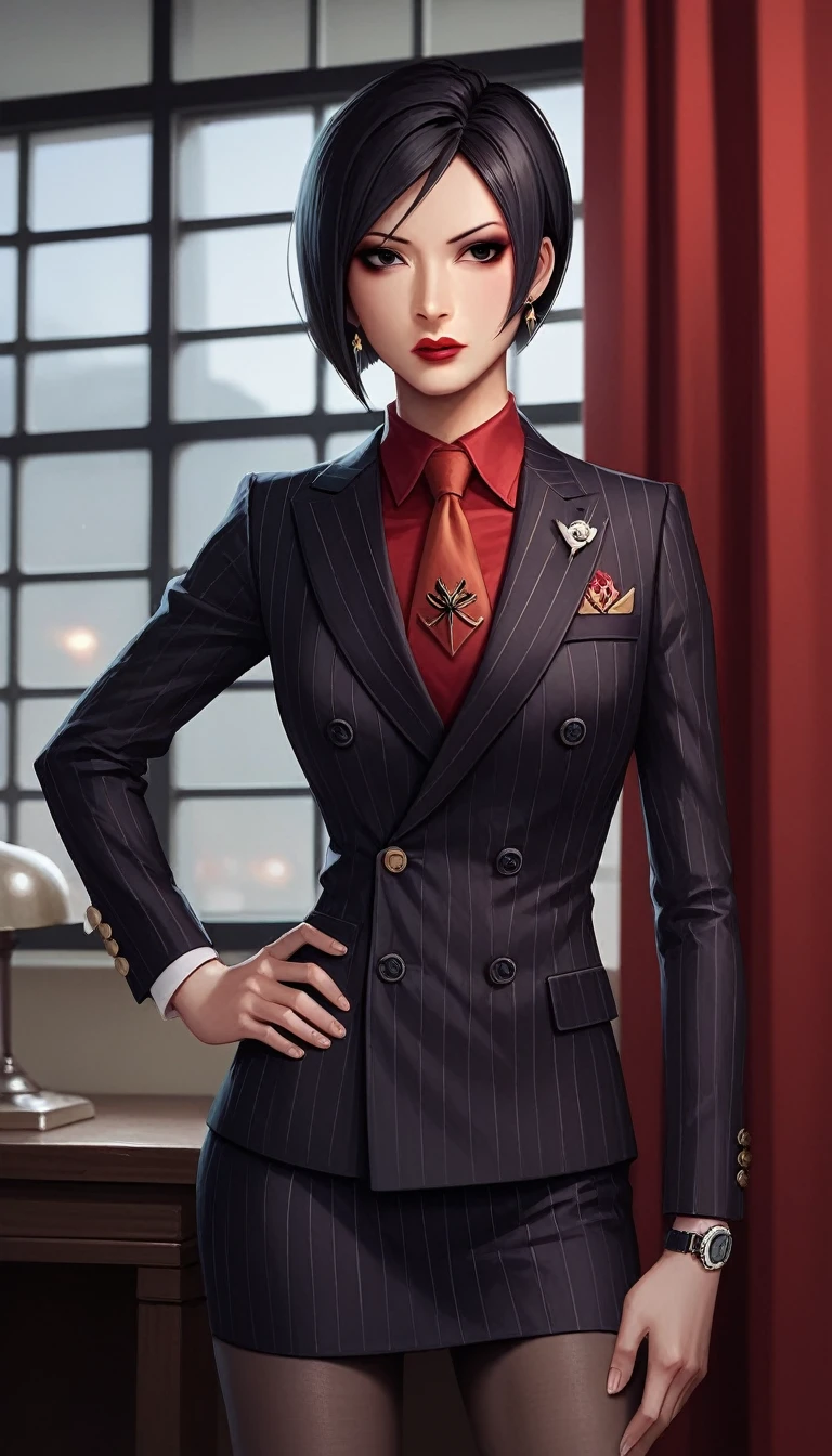 score_9, score_8_up, score_7_up, score_6_up, source_anime, double-breasted suits, 1girl, solo, asian woman, ada wong, black hair, short hair, formal, jewelry, black pinstripe suit, (((red silk necktie))), earrings, jacket, shirt, standing, hand on hip, window, black eyes, watch, black pinstripe jacket, wristwatch, red shirt, red lips, black pinstripe skirt, makeup, pantyhose, cufflinks,