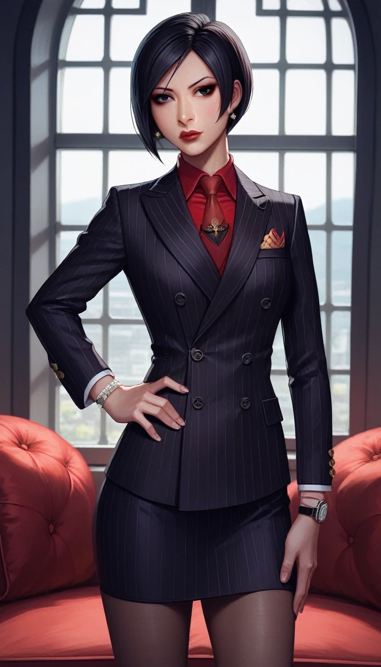 score_9, score_8_up, score_7_up, score_6_up, source_anime, double-breasted suits, 1girl, solo, asian woman, ada wong, black hair, short hair, formal, jewelry, black pinstripe suit, (((red silk necktie))), earrings, jacket, shirt, standing, hand on hip, window, black eyes, watch, black pinstripe jacket, wristwatch, red shirt, red lips, black pinstripe skirt, makeup, pantyhose, cufflinks,