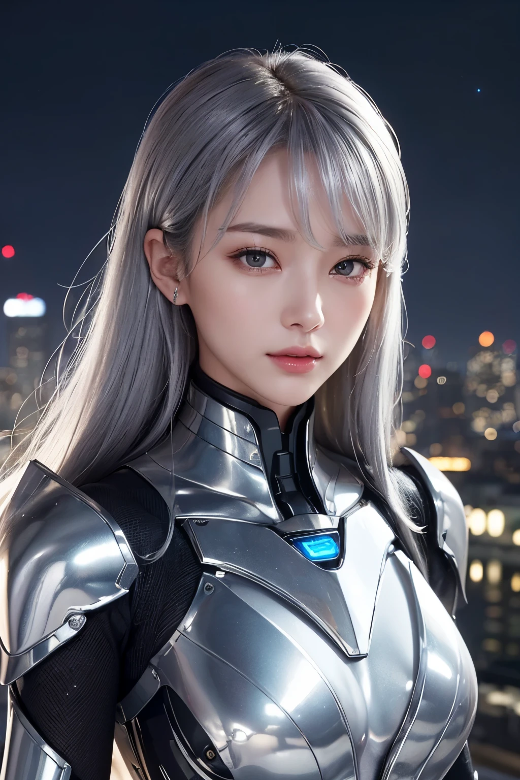 (((masterpiece)))、((((Highest quality))))、(((Super detailed)))、(Photorealistic)、((Very delicate and beautiful))、(Delicate face and eyes)、Smile、Cinematic Light、A beautiful woman in sleek and cool modern mech cyber armor stands at the top of a skyscraper tower、((Very delicate and beautiful))、(Less exposed skin)、((Her short, slightly dark silver-gray hair is tousled in the night breeze.))、Small Bust、Looking at the beautiful and glittering night view of the city、Realistic above-ground city lights、Big moon and stars in the night sky々is so beautiful、(Magnificent panoramic view)、