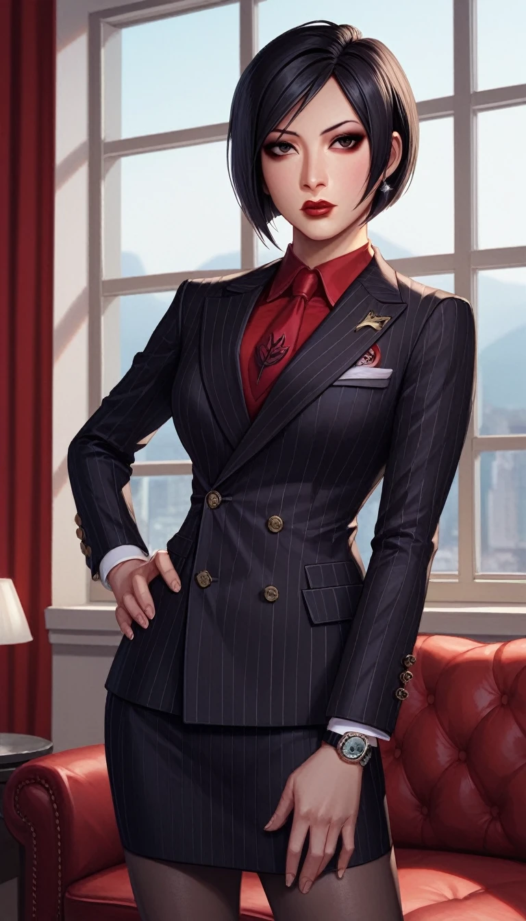 score_9, score_8_up, score_7_up, score_6_up, source_anime, double-breasted suits, 1girl, solo, asian woman, ada wong, black hair, short hair, formal, black pinstripe suit, (((red silk necktie))), earrings, jacket, shirt, standing, hand on hip, window, watch, black pinstripe jacket, wristwatch, red shirt, red lips, black pinstripe skirt, makeup, pantyhose, cufflinks,