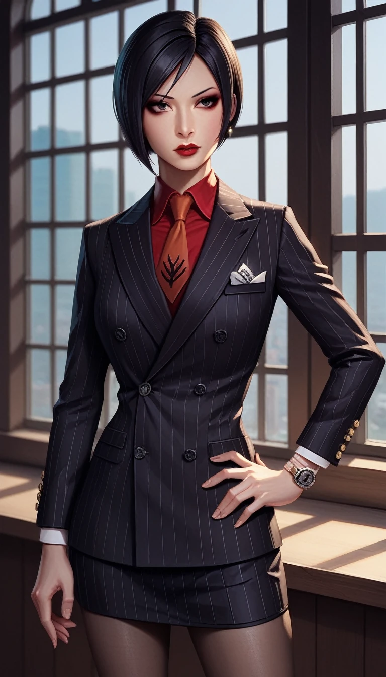 score_9, score_8_up, score_7_up, score_6_up, source_anime, double-breasted suits, 1girl, solo, asian woman, ada wong, black hair, short hair, formal, black pinstripe suit, (((red silk necktie))), earrings, jacket, shirt, standing, hand on hip, window, watch, black pinstripe jacket, wristwatch, red shirt, red lips, black pinstripe skirt, makeup, pantyhose, cufflinks, long necktie