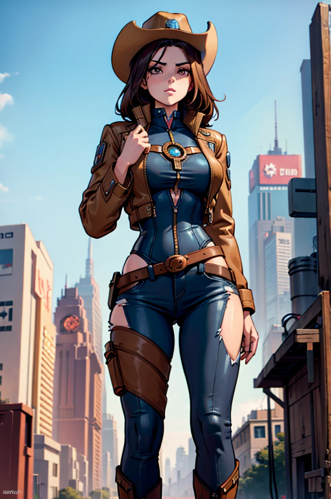 perfect face, perfect hands A brown haired female cowgirl with copper eyes with an hourglass figure in a conservative cowgirl outfit, futuristic, cyberpunk, 8k resolution, perfect, masterpiece, 